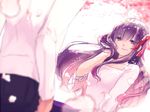  1girl bad_id bad_pixiv_id blurry blush cherry_blossoms cowboy_shot depth_of_field dress emiya_shirou fate/stay_night fate_(series) hair_ribbon highres long_hair long_sleeves looking_at_another lying matou_sakura on_back petals purple_eyes purple_hair ribbon ro96cu shirt sketch smile solo_focus standing tree white_shirt 