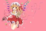  ascot blonde_hair blush flandre_scarlet futaba_miwa hat laevatein mary_janes open_mouth red_eyes ribbon shoes short_hair side_ponytail skirt smile solo stuffed_animal stuffed_toy teddy_bear thighs touhou wings 