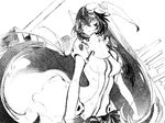  anchorage_water_oni dalahast dress frilled_dress frills greyscale horns kantai_collection long_hair monochrome overskirt shinkaisei-kan simple_background solo turret upper_body very_long_hair white_background 