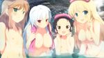  4girls areolae black_hair blonde_hair blush breasts brown_hair evenicle flat_chest game_cg green_eyes highres huge_breasts large_breasts long_hair looking_at_viewer multiple_girls navel nipples nude onsen partially_submerged red_eyes serious short_hair smile steam towel water wet white_hair yaegashi_nan yellow_eyes 