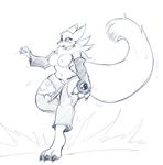  3_toes anthro black_sclera breasts clothed clothing digimon female gloves half-dressed monochrome plain_background renamon tgwonder toes topless torn_clothing transformation white_background yin_yang 