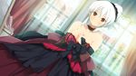  1girl bare_shoulders blush breasts cleavage curtains dress elbow_gloves evenicle female game_cg gloves hair_bun hair_up highres large_breasts looking_at_viewer mirror ramius red_eyes solo standing white_hair window yaegashi_nan 