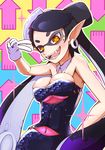 1girl aori_(splatoon) bare_shoulders black_hair breasts cleavage covered_navel detached_collar directional_arrow earrings fangs gloves jewelry large_breasts mole mole_under_eye onio open_mouth pointy_ears short_jumpsuit splatoon_(series) splatoon_1 strapless symbol-shaped_pupils tentacle_hair tentacles v yellow_eyes 