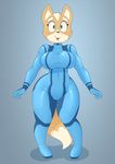  acstlu anthro blush breasts canine clothing crossgender female fox fox_mccloud fur green_eyes mammal nintendo shiny standing star_fox suit thick_thighs tight_clothing video_games wide_hips zero_suit zero_suit_fox 