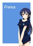  bad_id bad_pixiv_id blue_hair blush breasts brown_eyes cowboy_shot france long_hair love_live! love_live!_school_idol_project shirt_tug small_breasts soccer soccer_uniform solo sonoda_umi sportswear world_cup zuihou_(hechen121) 