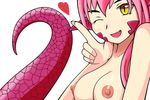  ;d areolae bangs breasts close-up fang fingernails hand_up heart index_finger_raised lamia large_breasts long_fingernails long_hair looking_at_viewer miia_(monster_musume) monster_girl monster_musume_no_iru_nichijou nipples nude one_eye_closed open_mouth perky_breasts pink_hair pointy_ears ringed_eyes saberkung scales simple_background slit_pupils smile solo tail_raised upper_body white_background yellow_eyes 