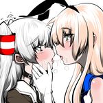  amatsukaze_(kantai_collection) blonde_hair blush brown_eyes choker commentary_request eye_contact gloves green_eyes hairband kantai_collection long_hair looking_at_another multiple_girls nekokokazuma partial_commentary profile saliva saliva_trail school_uniform serafuku shimakaze_(kantai_collection) simple_background tears white_background white_gloves white_hair yuri 