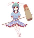  :3 ambiguous_red_liquid animal_ears blue_dress blue_hair bunny_ears dress full_body gradient_hair hammer keemoringo kine long_hair looking_at_viewer multicolored_hair puffy_short_sleeves puffy_sleeves red_eyes seiran_(touhou) short_hair short_sleeves simple_background sitting smile socks solo stain touhou white_background white_legwear 