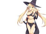  1girl blonde_hair blush breasts cleavage evenicle female game_cg green_eyes highres large_breasts legs long_hair looking_at_viewer mound_of_venus navel simple_background smile solo standing thighs twintails witch_hat yaegashi_nan 