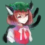  animal_ears bow brown_hair cat_ears cat_tail chen dress hat mob_cap multiple_tails nekomata red_dress red_eyes rosette_(roze-ko) shirt solo tail touhou upper_body 