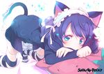  all_fours animal_ears artist_name bangs blue_eyes blue_hair cat_ears cat_tail character_name copyright_name curly_hair cyan_(show_by_rock!!) dress headband kitahara_tomoe_(kitahara_koubou) nail_polish pillow short_hair show_by_rock!! solo sparkle striped striped_legwear tail tears thighhighs 
