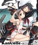  bandolier black_hair boots cartridge collaboration eyepatch goggles goggles_on_head green_eyes green_hair grey_eyes hat japanese_flag kantai_collection kiso_(kantai_collection) maru-yu_(kantai_collection) messy_hair midriff multiple_girls neckerchief otsuki38 pier remodel_(kantai_collection) sailor_hat school_uniform serafuku short_hair skirt swimsuit watanon_(gakushokutei) 