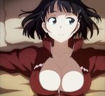  bed black_hair blue_eyes breasts cleavage collarbone facing_viewer female from_above hair_ornament hairclip highres jacket kirigaya_suguha large_breasts looking_to_the_side lying neck on_back open_clothes open_jacket photoshop pillow serious short_hair solo sword_art_online track_jacket unzipped upper_body zipper 