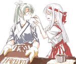  bad_id bad_twitter_id cooking food gmgt_(gggggg3) hair_ribbon japanese_clothes kantai_collection long_hair multiple_girls oven_mitts pocky ribbon shoukaku_(kantai_collection) twintails zuikaku_(kantai_collection) 