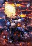  armor artist_name blonde_hair blood blood_from_mouth dragon_ball dragon_ball_z energy facebook_username facial_mark floating_rock forehead_mark full_body gloves green_eyes long_hair magion02 male_focus molten_rock muscle revision signature smile solo spiked_hair super_saiyan super_saiyan_2 torn_clothes vegeta veins watermark web_address 