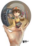  arrow artist_name bad_id bad_pixiv_id ball book bookshelf brown_eyes brown_hair chair colorized desk female_pov fine_art_parody hachimaki hand_with_reflecting_sphere hands headband highres hiryuu_(kantai_collection) holding holding_ball indoors japanese_clothes kantai_collection kobaman_annwn lamp m_c_escher open_mouth parody picture_(object) pipes pov quiver reflection remodel_(kantai_collection) short_hair simple_background solo weapon_bag white_background 