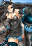  absurdres animal_ears bare_shoulders black_hair blood blue_eyes breasts cat_ears cat_tail cleavage elbow_gloves giantess gloves highres large_breasts long_hair nonoririn original solo tail thighhighs 