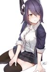  1girl akaitera black_legwear blush eyepatch headgear kantai_collection looking_away open_collar purple_hair school_uniform short_hair sitting solo tenryuu_(kantai_collection) thighhighs tight_top yellow_eyes 