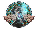  black_hair bloodstained:_ritual_of_the_night blue_eyes brown_hair detached_sleeves flower gauntlets gradient_hair hair_between_eyes hair_ornament looking_back miriam_(bloodstained) multicolored_hair natsume_yuji official_art pale_skin rose solo stained_glass transparent_background 