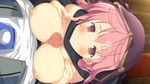  1girl areolae blush breast_squeeze breasts censored evenicle game_cg highres hood large_breasts looking_up mosaic_censoring nipples no_bra paizuri penis pink_eyes pink_hair short_hair sitting smile solo_focus standing wooden_floor yaegashi_nan 