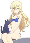  black_cat blonde_hair blue_bra blue_panties bra caryo cat glasses long_hair looking_at_viewer nanashino navel panties perrine_h_clostermann sitting solo strike_witches underwear underwear_only world_witches_series yellow_eyes 