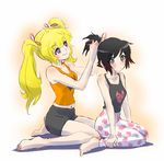  adjusting_hair alternate_hairstyle bare_shoulders barefoot black_hair blonde_hair bow hair_bow high_ponytail iesupa long_hair midriff multiple_girls navel pajamas pants purple_eyes ruby_rose rwby short_hair short_ponytail shorts siblings silver_eyes sisters sitting tank_top twintails tying_hair wariza yang_xiao_long 