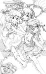  booklet dress earmuffs exercise greyscale hair_ornament hair_rings hair_stick hat kaku_seiga miyako_yoshika monochrome multiple_girls ofuda outstretched_arms short_hair skirt smile star stretch touhou toyosatomimi_no_miko wrwr 