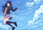  black_hair cloud day flower green_eyes long_hair original school_uniform shigure_ui skirt sky smile solo 