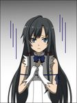  black_hair blue_ribbon blush cosplay crying crying_with_eyes_open dress dungeon_ni_deai_wo_motomeru_no_wa_machigatteiru_darou_ka flat_chest frown gloves gradient gradient_background hestia_(danmachi) hestia_(danmachi)_(cosplay) highres long_hair rei_no_himo ribbon solo streaming_tears tears todo_(masa3373) white_dress white_gloves yahari_ore_no_seishun_lovecome_wa_machigatteiru. yukinoshita_yukino 