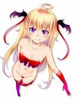 blonde_hair blush breasts demon_girl gloves highres kobayashi_kobako licking_lips long_hair looking_at_viewer original pointy_ears purple_eyes small_breasts smile solo succubus thighhighs tongue tongue_out 