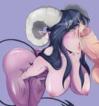  balls bent_over big_breasts black_hair blush breasts butt cum cum_on_face demon disembodied_penis erection female green_eyes hair horn human humanoid_penis licking male mammal nipples nude oral penis penis_lick pointy_ears purple_skin r00en sex spade_tail tongue tongue_out 