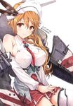  artist_name blush breasts brown_eyes brown_hair corset covered_nipples dated detached_sleeves headdress jpeg_artifacts kantai_collection large_breasts littorio_(kantai_collection) long_hair looking_at_viewer machinery miniskirt necktie pleated_skirt skirt smile solo thighhighs tomozo_kaoru wavy_hair white_background 