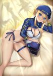 1girl ahoge akatsuki_ikki artoria_pendragon_(all) bare_legs barefoot baseball_cap bed bed_sheet bikini blonde_hair blue_eyes blue_hat blurry_foreground breasts chair cleavage commentary_request dutch_angle fate/grand_order fate_(series) hair_through_headwear hat helmet highres large_breasts long_hair looking_at_viewer lying motorcycle_helmet mysterious_heroine_xx_(foreigner) navel on_side people ponytail shrug_(clothing) side-tie_bikini smile solo swimsuit table white_bikini yellow_background 