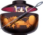  antenna_hair bowl bowl_hat food harukawa_moe hat hiding in_bowl in_container minigirl needle official_art purple_hair red_eyes short_hair solo sukuna_shinmyoumaru sweat touhou transparent_background urban_legend_in_limbo 