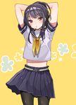  adjusting_hair arms_behind_head arms_up black_hair black_legwear long_hair mouth_hold original pantyhose purple_eyes school_uniform serafuku shigure_ui solo tying_hair 