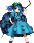  backpack bag blue_eyes blue_hair boots crowbar cucumber hair_bobbles hair_ornament harukawa_moe hat kawashiro_nitori key looking_at_viewer official_art shirt short_hair short_sleeves skirt smile solo touhou transparent_background twintails urban_legend_in_limbo 