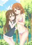  ahoge bad_id bad_pixiv_id bikini breasts brown_eyes brown_hair casual_one-piece_swimsuit eyebrows_visible_through_hair highres holding_hands interlocked_fingers karutamo long_hair multiple_girls one-piece_swimsuit open_mouth original short_hair siblings sisters small_breasts smile swimsuit 