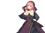  1girl bare_shoulders blush breasts cape cleavage dress evenicle female game_cg hands_on_breasts hands_on_chest hands_on_own_chest highres hood large_breasts legs looking_at_viewer pink_hair purple_eyes short_hair simple_background smile solo standing thighs yaegashi_nan 