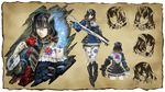  black_hair bloodstained:_ritual_of_the_night blue_eyes brown_hair closed_eyes concept_art detached_sleeves flower gauntlets gradient_hair hair_between_eyes hair_ornament highres miriam_(bloodstained) multicolored_hair multiple_views natsume_yuji official_art pale_skin rose short_hair smile stained_glass sword turnaround weapon 