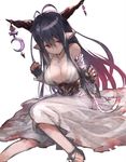  antenna_hair bandages black_gloves black_hair breasts cleavage danua draph dress fingerless_gloves gloves granblue_fantasy hair_between_eyes horn_ornament horns jewelry large_breasts long_hair looking_at_viewer necklace pointy_ears red_eyes shirabi simple_background solo white_background white_dress 