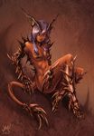  2015 black_sclera breasts claws dark_skin demon_girl demon_horns demon_tail full_body horns maxa' navel nude original pointy_ears purple_hair red_eyes signature sitting small_breasts solo spikes tail 