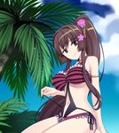  arm_support armlet bikini blue_sky blush breasts brown_eyes brown_hair caryo casual_one-piece_swimsuit cherry_blossoms cloud day flower frilled_bikini frills hair_flower hair_ornament halterneck kantai_collection kantai_collection_(anime) large_breasts long_hair nanashino navel one-piece_swimsuit palm_tree ponytail seiza sitting sky smile solo swimsuit tree untying very_long_hair yamato_(kantai_collection) 