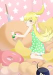  ahoge araragi_koyomi bad_id bad_pixiv_id black_hair blonde_hair bracelet crescent_moon doughnut dress food green_dress jewelry long_hair monogatari_(series) moon one_eye_closed oshino_shinobu pink_background pointy_ears pon_de_ring star yamae_saki yellow_eyes 