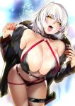  1girl bangs bare_shoulders bikini black_bikini black_choker black_jacket blue_background breasts choker cleavage cowboy_shot eyebrows_visible_through_hair fate/grand_order fate_(series) fur-trimmed_sleeves fur_collar fur_trim hands_up heavy_breathing highres jacket jeanne_d&#039;arc_(alter)_(fate) jeanne_d&#039;arc_(alter_swimsuit_berserker) jeanne_d&#039;arc_(fate)_(all) large_breasts looking_at_viewer marushin_(denwa0214) navel nose o-ring o-ring_bikini o-ring_bottom o-ring_top open_clothes open_jacket open_mouth sexually_suggestive short_hair silver_hair solo sweat swimsuit thigh_strap tongue tongue_out white_background yellow_eyes 