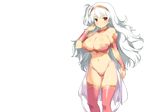  1girl adjusting_hair bare_shoulders blush breasts cleavage evenicle female game_cg hairband highres large_breasts legs long_hair looking_at_viewer navel pink_legwear red_eyes serious simple_background solo standing thighs thong white_hair yaegashi_nan 