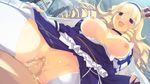  1girl areolae blonde_hair blush breasts breasts_outside censored clothed_sex crown drill_hair evenicle game_cg highres large_breasts legs long_hair looking_down mosaic_censoring nipples no_bra no_panties open_mouth penis pink_eyes pussy sex solo_focus thighs vaginal yaegashi_nan 