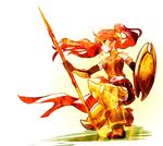  armlet bare_shoulders belt black_gloves boots breastplate elbow_gloves forehead_protector full_body gloves gorget greaves green_eyes high_heel_boots high_heels iesupa long_hair midriff milo_and_akouo one_knee polearm ponytail pyrrha_nikos red_hair rwby sarong shield skirt solo spear vambraces weapon wind 