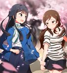  black_hair blush brown_eyes brown_hair cherry_blossoms idolmaster idolmaster_million_live! kitazawa_shiho long_hair mogami_shizuka multiple_girls open_mouth smile wkdnlwoddl 