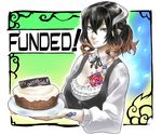  alternate_costume bangs black_hair bloodstained:_ritual_of_the_night blue_eyes breasts brown_hair cake cleavage crossed_bangs detached_collar food gradient_hair hair_between_eyes hair_ornament large_breasts looking_at_viewer miriam_(bloodstained) multicolored_hair natsume_yuji official_art pale_skin short_hair smile solo stained_glass 