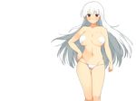  1girl blush breasts cleavage covering covering_nipples evenicle female game_cg hand_on_hip highres large_breasts legs long_hair looking_at_viewer navel no_bra panties ramius red_eyes serious simple_background solo standing thighs topless underwear white_hair white_panties yaegashi_nan 